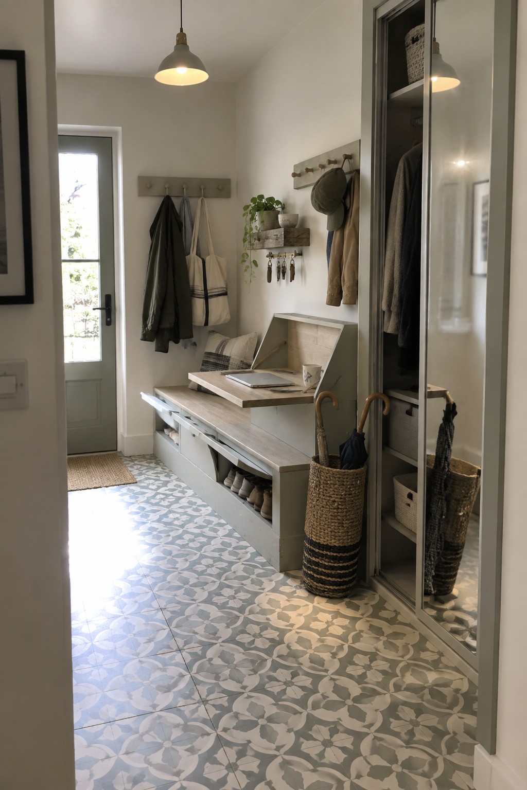 A narrow interior entryway with a long built-in bench featuring storage drawers, open shoe cubbies, and a fold-down wooden top, plus wall hooks and an open closet with clothing and baskets.
