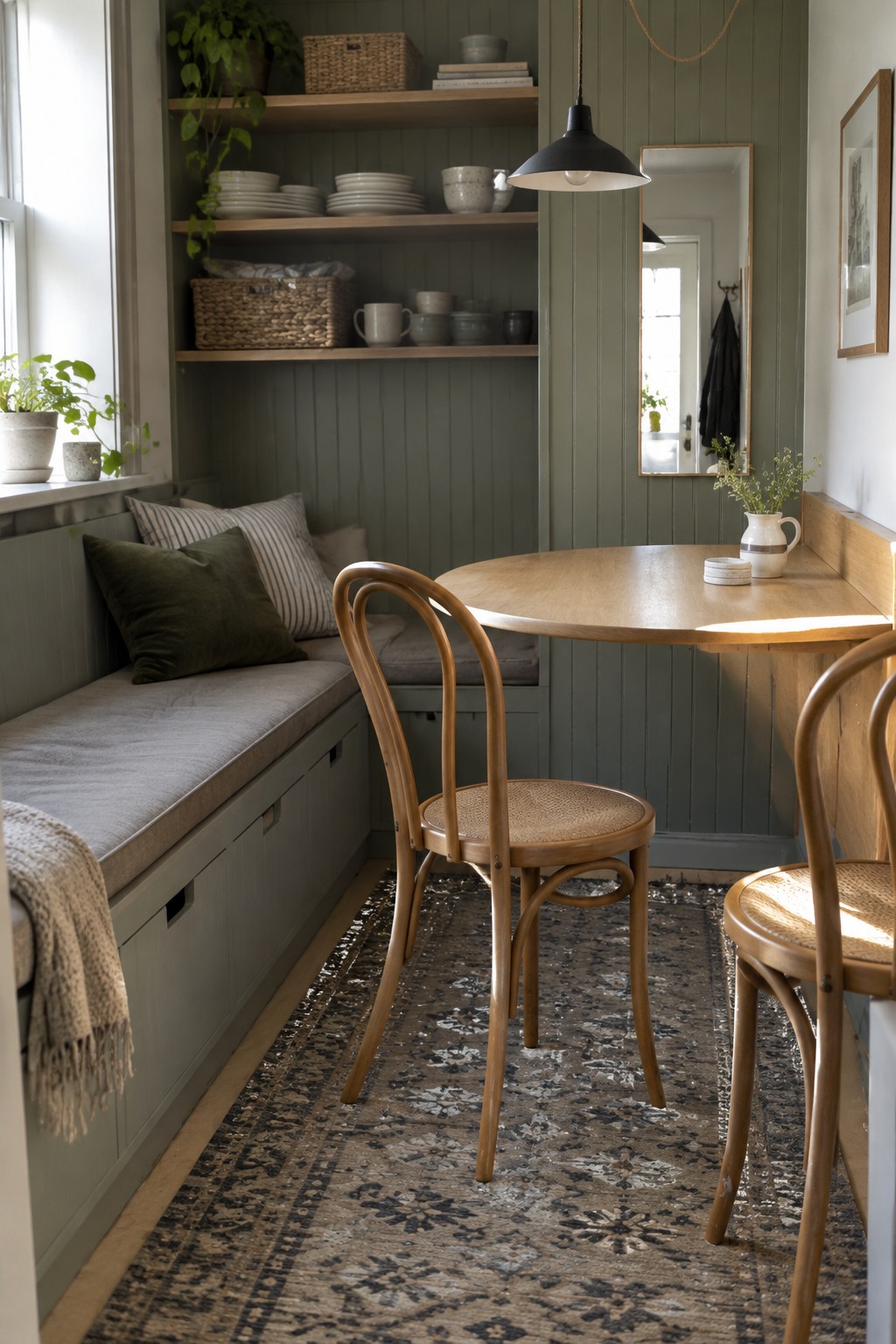 Cozy green dining nook with round wooden table, bentwood chairs, built-in bench, and open shelves.