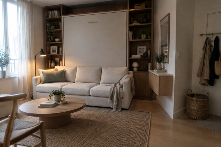 18 Clever Tiny Home Interiors Using Multifunctional Furniture A living room featuring a white sofa in front of a large beige panel set into wooden built-in bookshelves, with a round wooden coffee table on a jute rug.