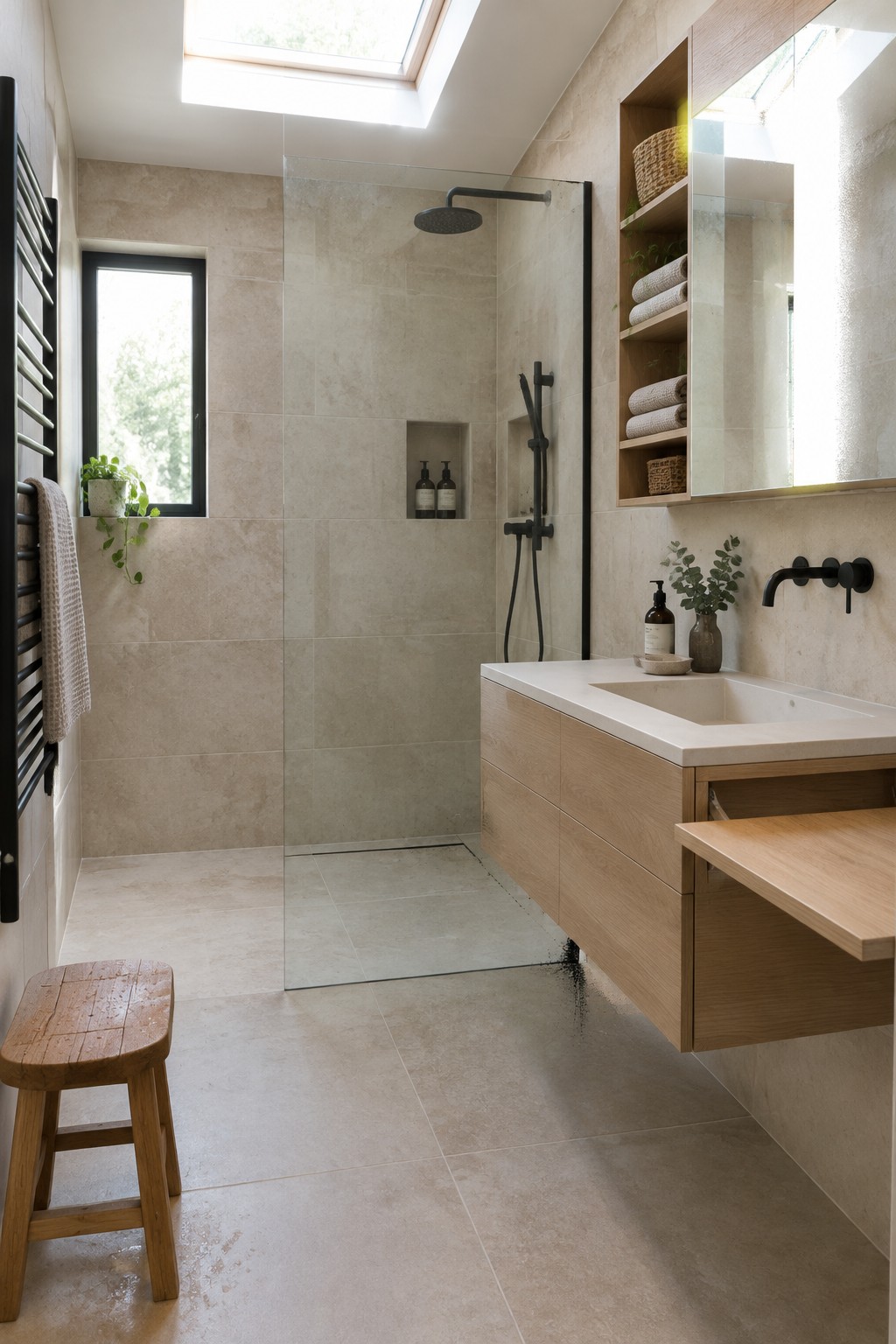 Modern bathroom with beige tiles, floating wooden vanity, glass shower, and skylight.