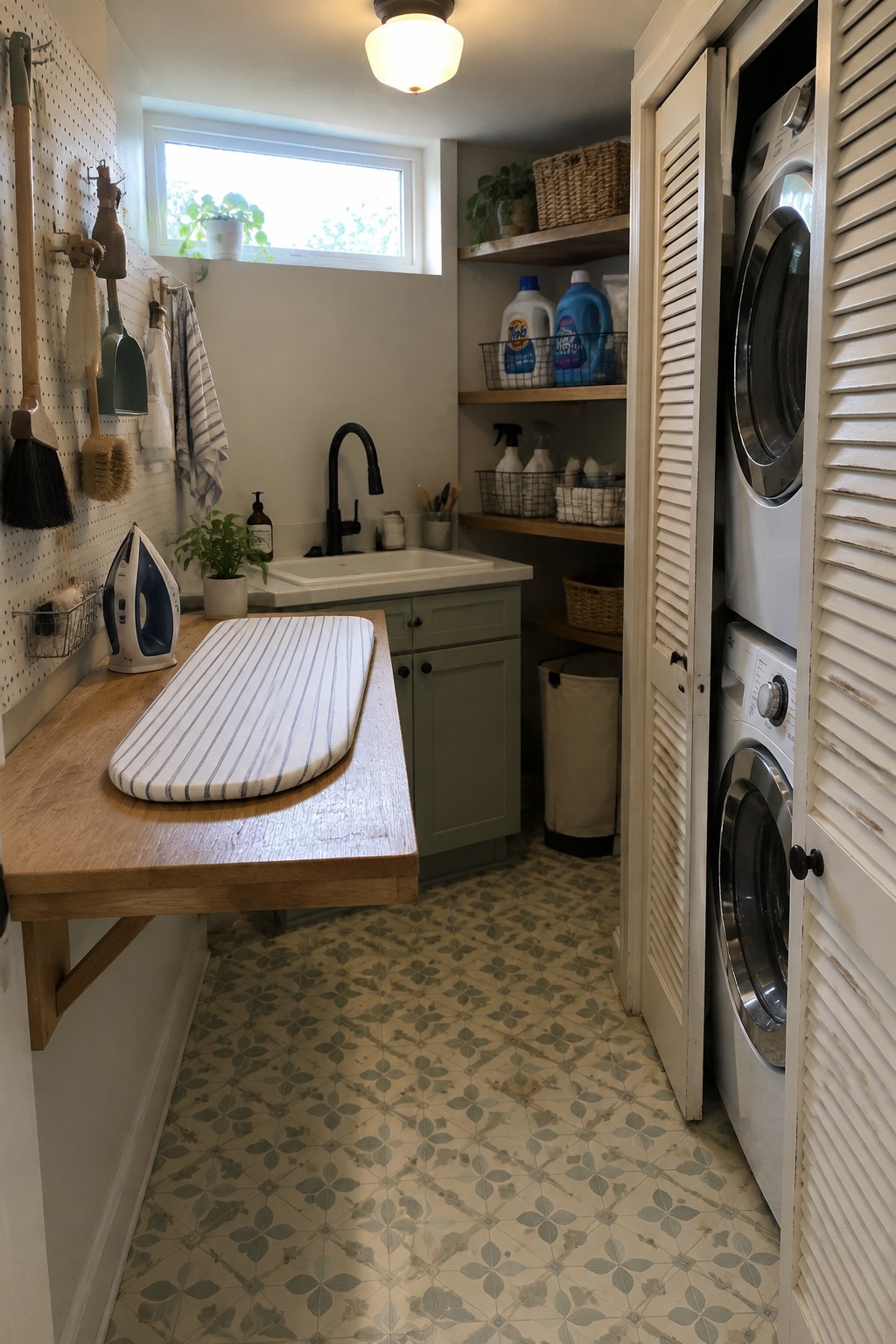 A compact laundry room featuring a fold-down striped ironing board on a wooden counter, with a pegboard on the left wall, a sink, green cabinets, open shelves holding detergent bottles, and stacked washer and dryer units on the right.