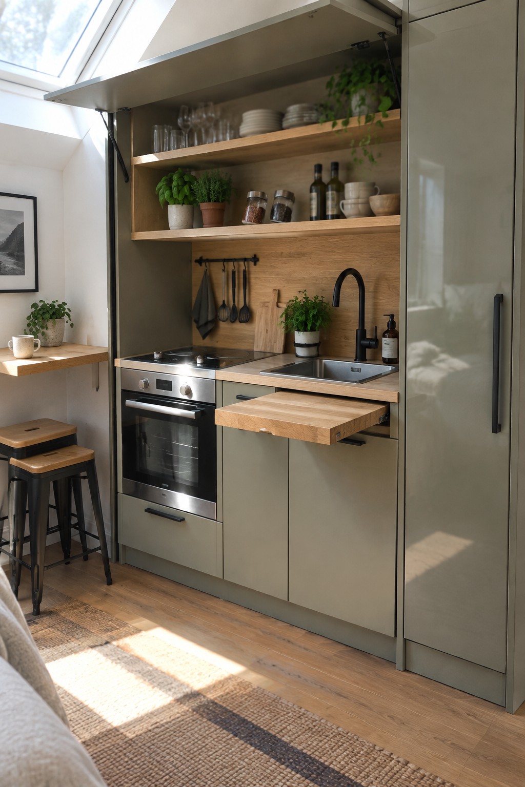 A compact kitchen with sage cabinets, stainless oven, black sink faucet, open wood shelves, and an extended fold-out wooden counter.
