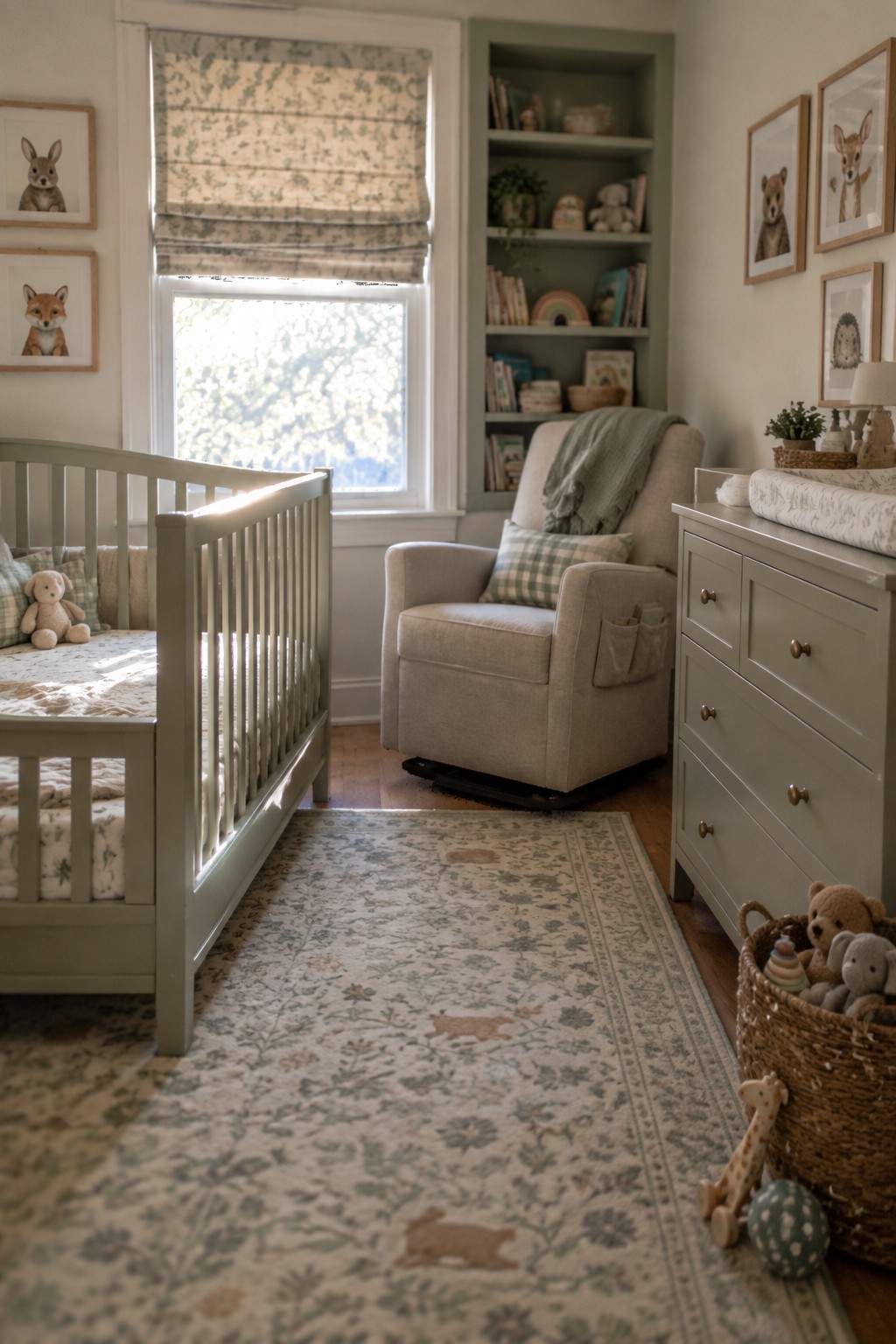 A small nursery with a sage green crib, a beige glider chair with side pockets, built-in bookshelves, a matching dresser topped with a changing pad, and a patterned rug on the floor.