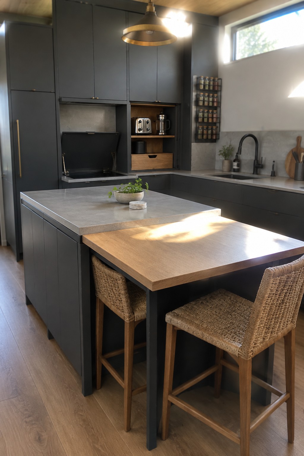 A kitchen interior showing a large island with a gray stone countertop on the left and a wooden extension on the right, accompanied by two woven bar stools.