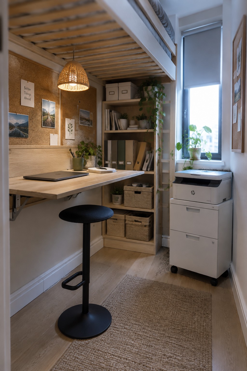 Bright compact office with wooden desk, black stool, printer under loft bed with plants