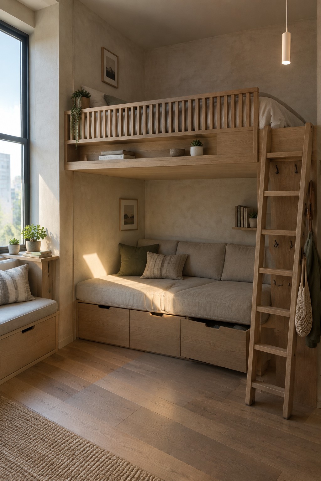 A small interior room featuring a wooden loft bed above a beige sofa with storage drawers below, a wooden ladder on the right side, and a window seat on the left.