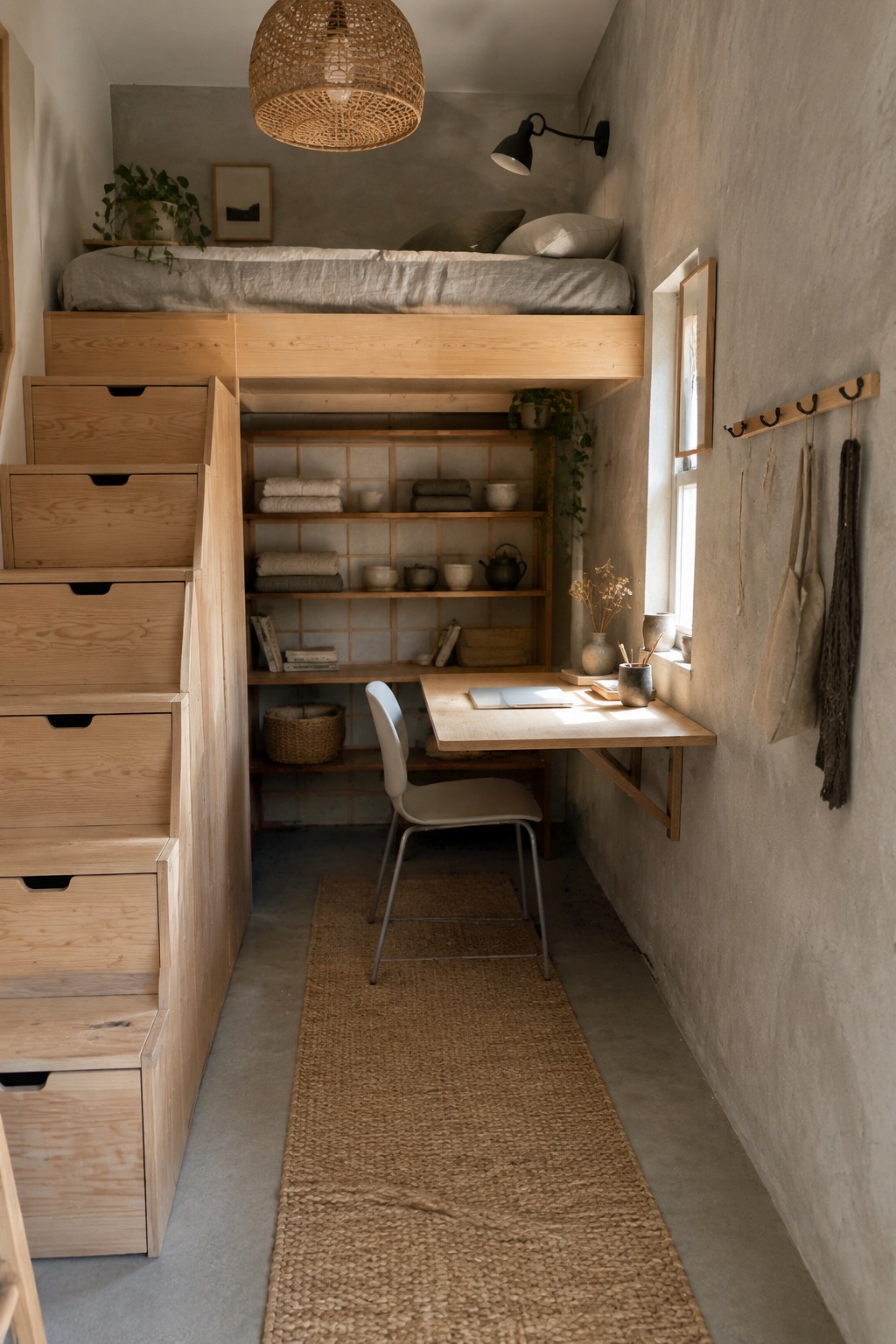 A compact interior showing a loft bed above a wooden desk and chair, with storage drawers built into the stairs on the left and open shelving along the back wall.
