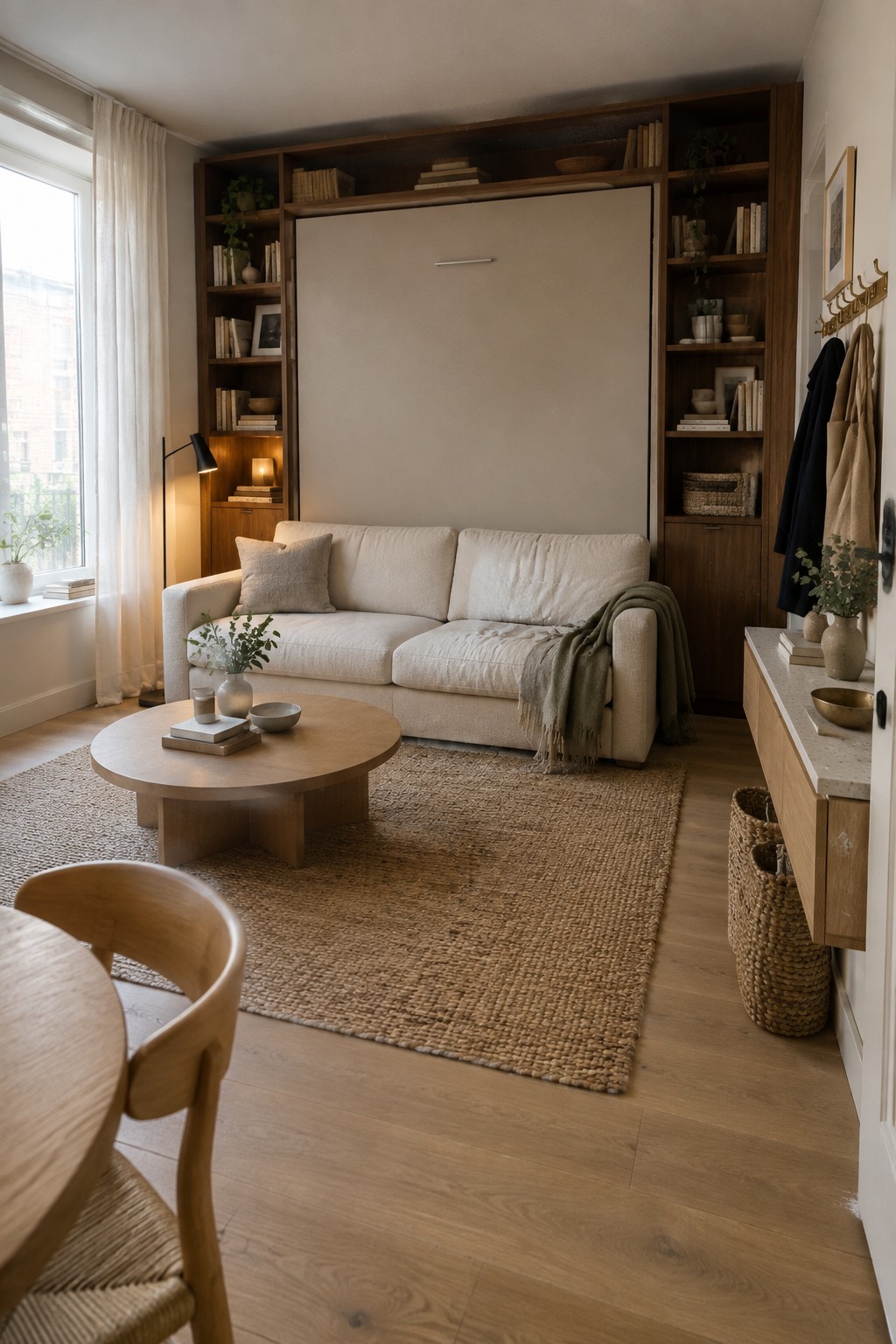 A living room featuring a white sofa in front of a large beige panel set into wooden built-in bookshelves, with a round wooden coffee table on a jute rug.