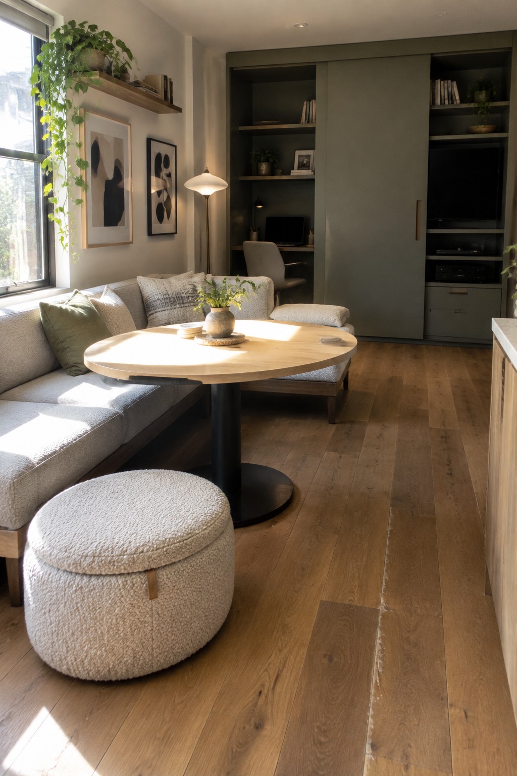 A compact living room featuring a light gray sectional sofa, round light wood pedestal table, white bouclé storage ottoman, and built-in sage green cabinetry with shelves and a concealed desk area.