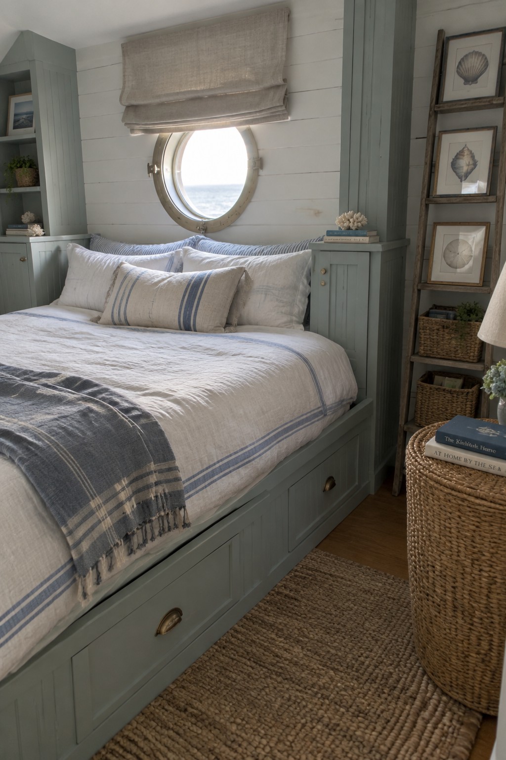 A bedroom with a bed that has built-in storage drawers underneath, a round porthole window, and light blue built-in cabinetry along the walls.