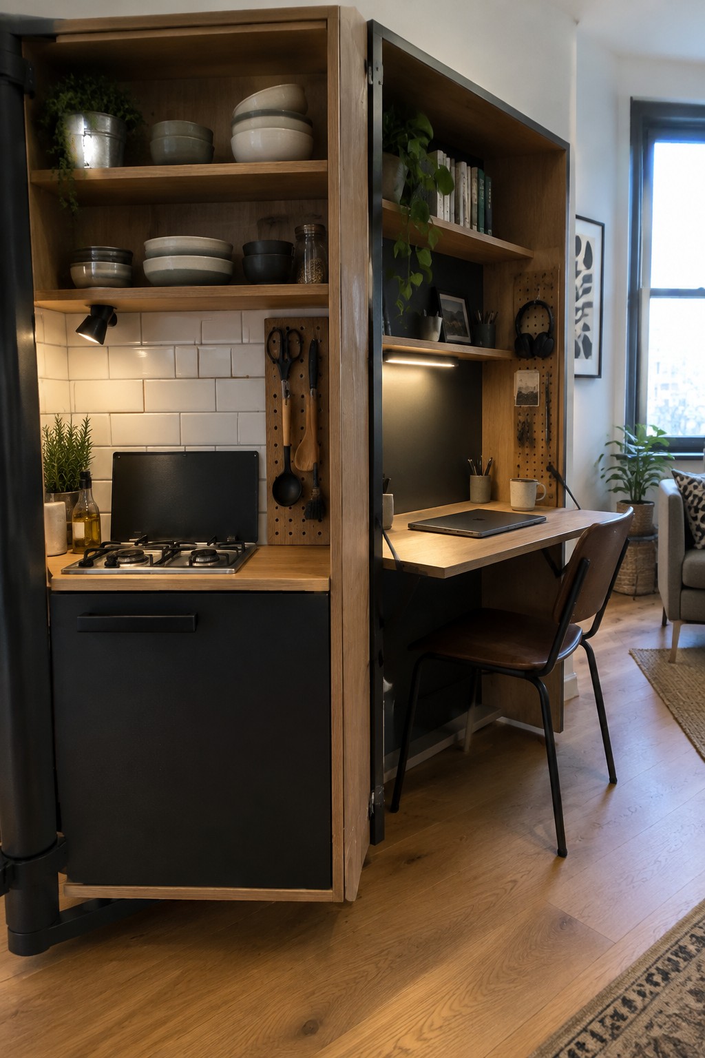 A wooden built-in unit in a small room divides into a kitchen area with stove and shelves on the left and a desk with chair on the right.
