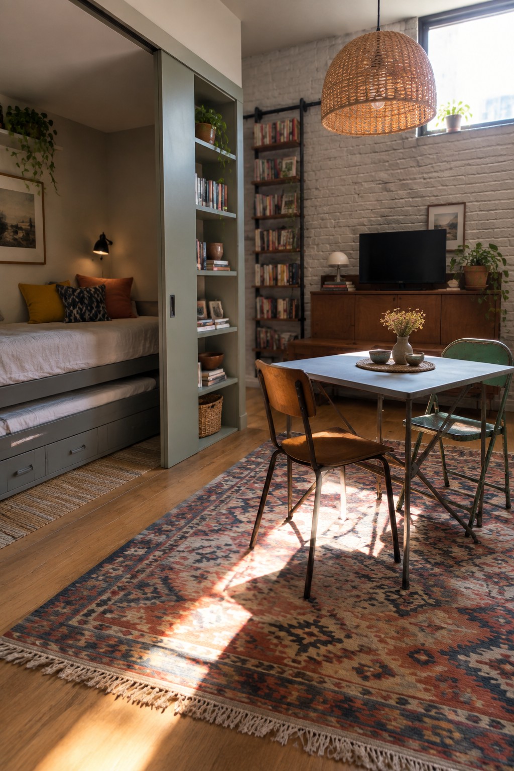 Cozy apartment with built-in bookshelves, trundle bed, dining table on colorful rug.