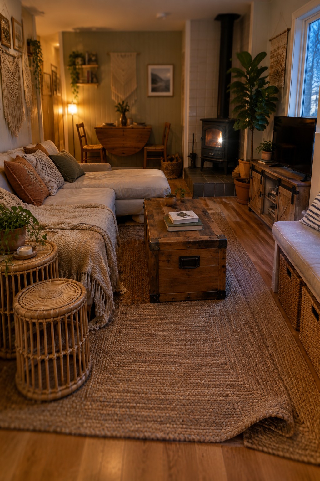 A living room with a wooden storage trunk used as a coffee table on a woven rug, next to a light-colored sectional sofa and rattan stools.