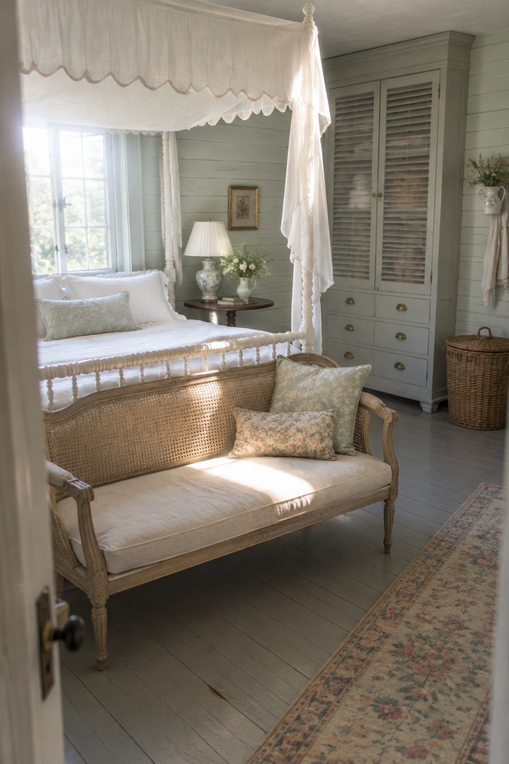 A bedroom interior showing a white canopy bed, a weathered wooden bench with cane backing at the foot of the bed, and a painted gray armoire against the wall.