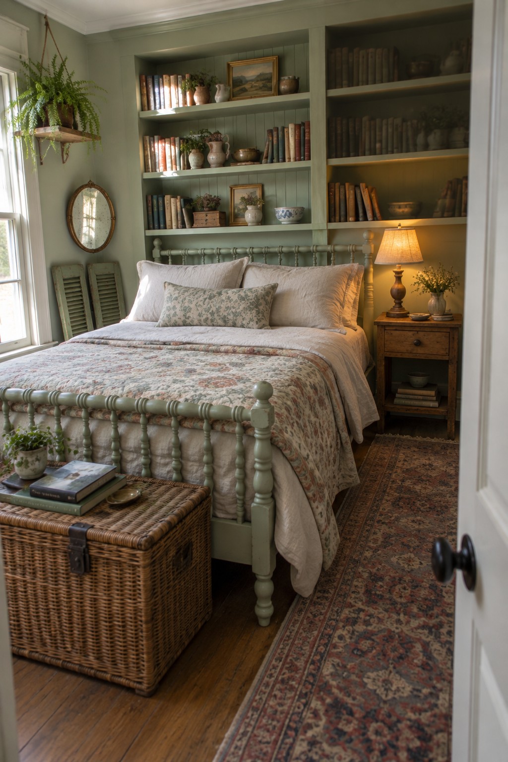 A cozy bedroom featuring a sage green painted wood bed with floral bedding, built-in bookshelves filled with books and ceramics, a wooden nightstand with a lamp, and a woven trunk at the foot of the bed.