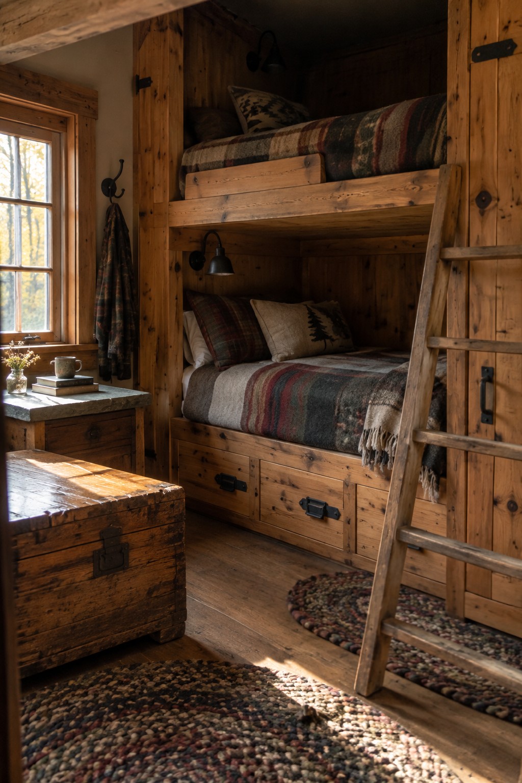 Rustic wooden bunk beds built into a cabin bedroom wall, with storage drawers under the lower bed and a wooden ladder leaning against the structure.