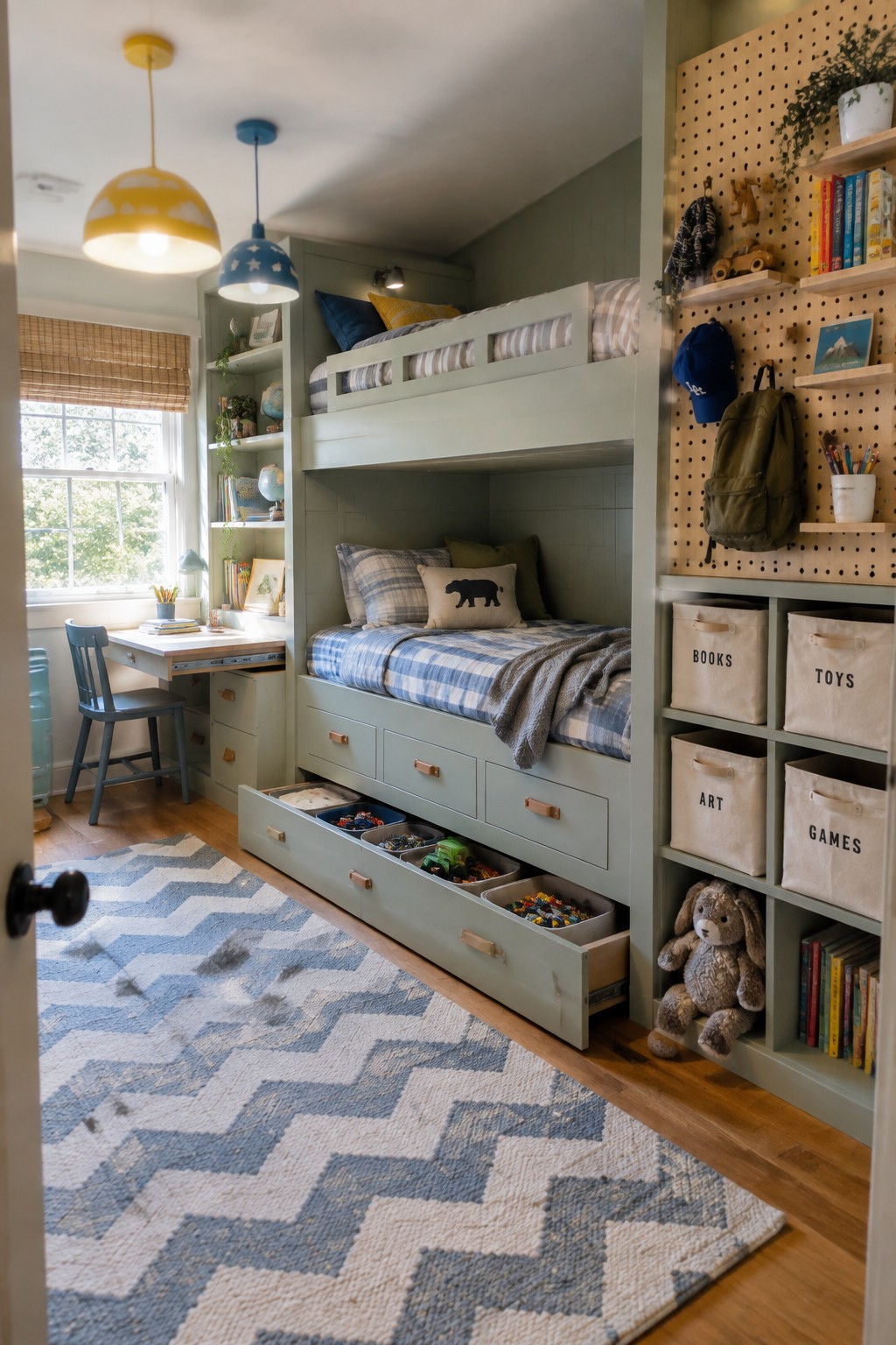 Sage green bunk bed in organized kids room with toy drawers and pegboard storage.