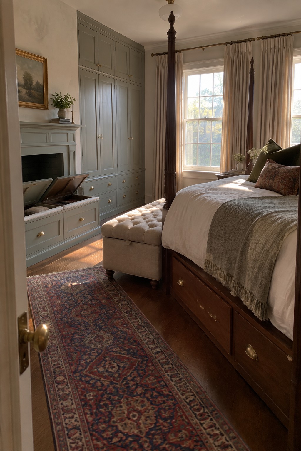 A bedroom featuring sage green built-in cabinets along one wall, a dark wood four-poster bed with under-bed storage drawers, and a beige tufted ottoman on a patterned rug.