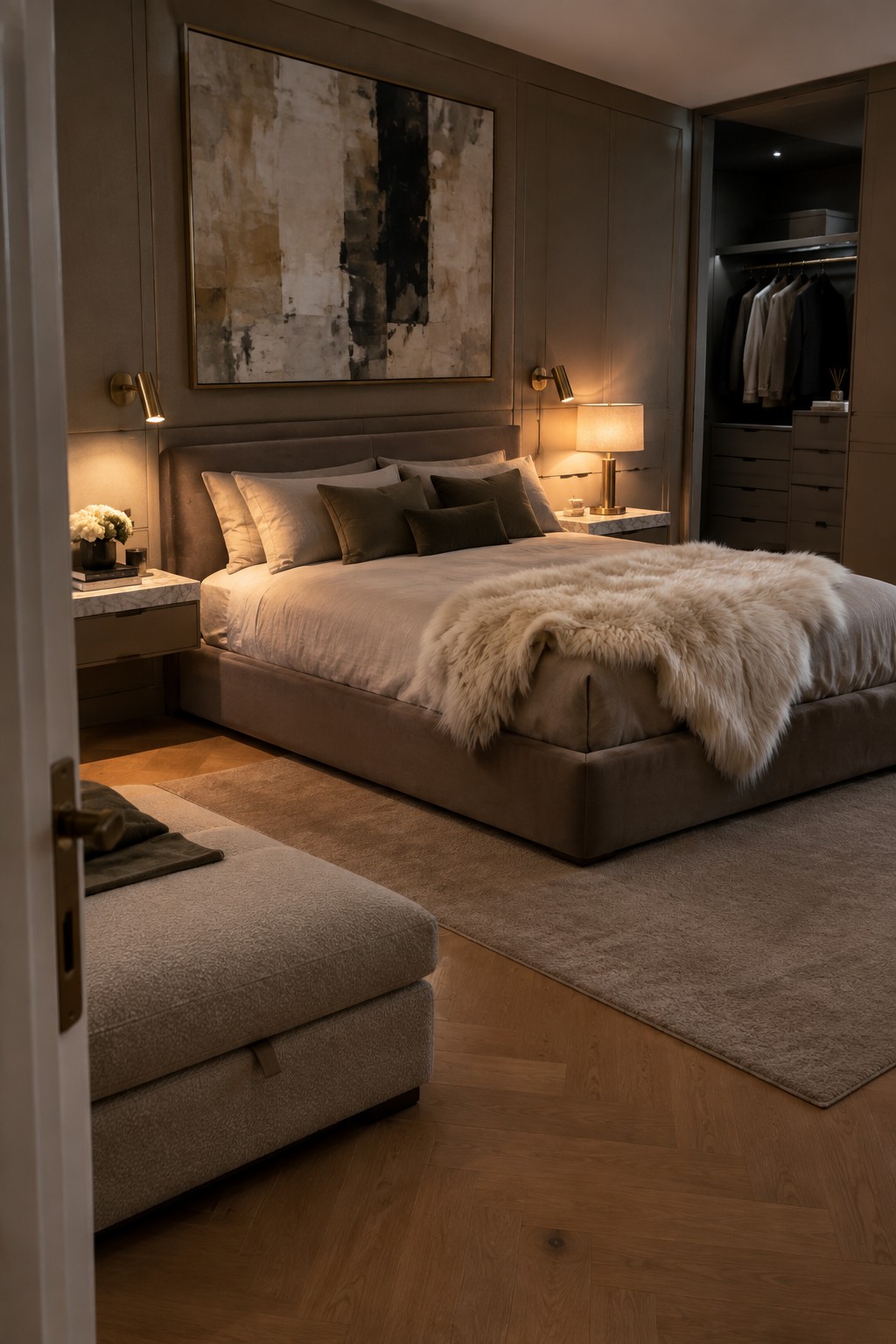 Luxurious modern bedroom with taupe bed, beige fur throw, abstract art, and warm lighting