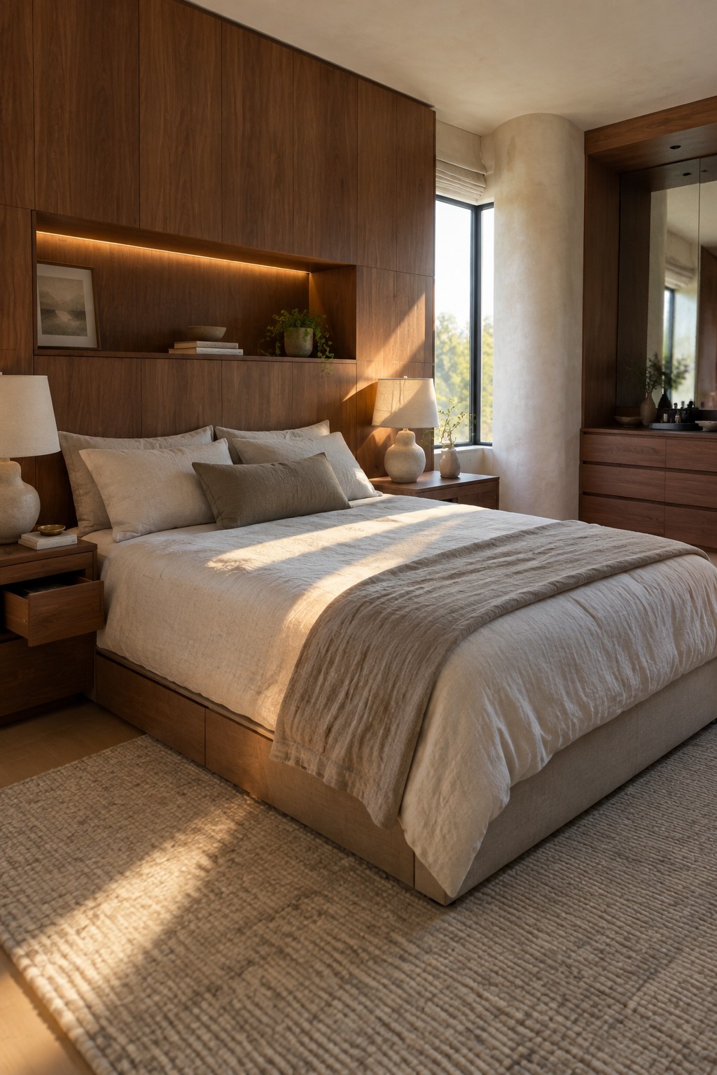 Sunlit modern bedroom with wooden headboard, white linen bedding, and woven rug.