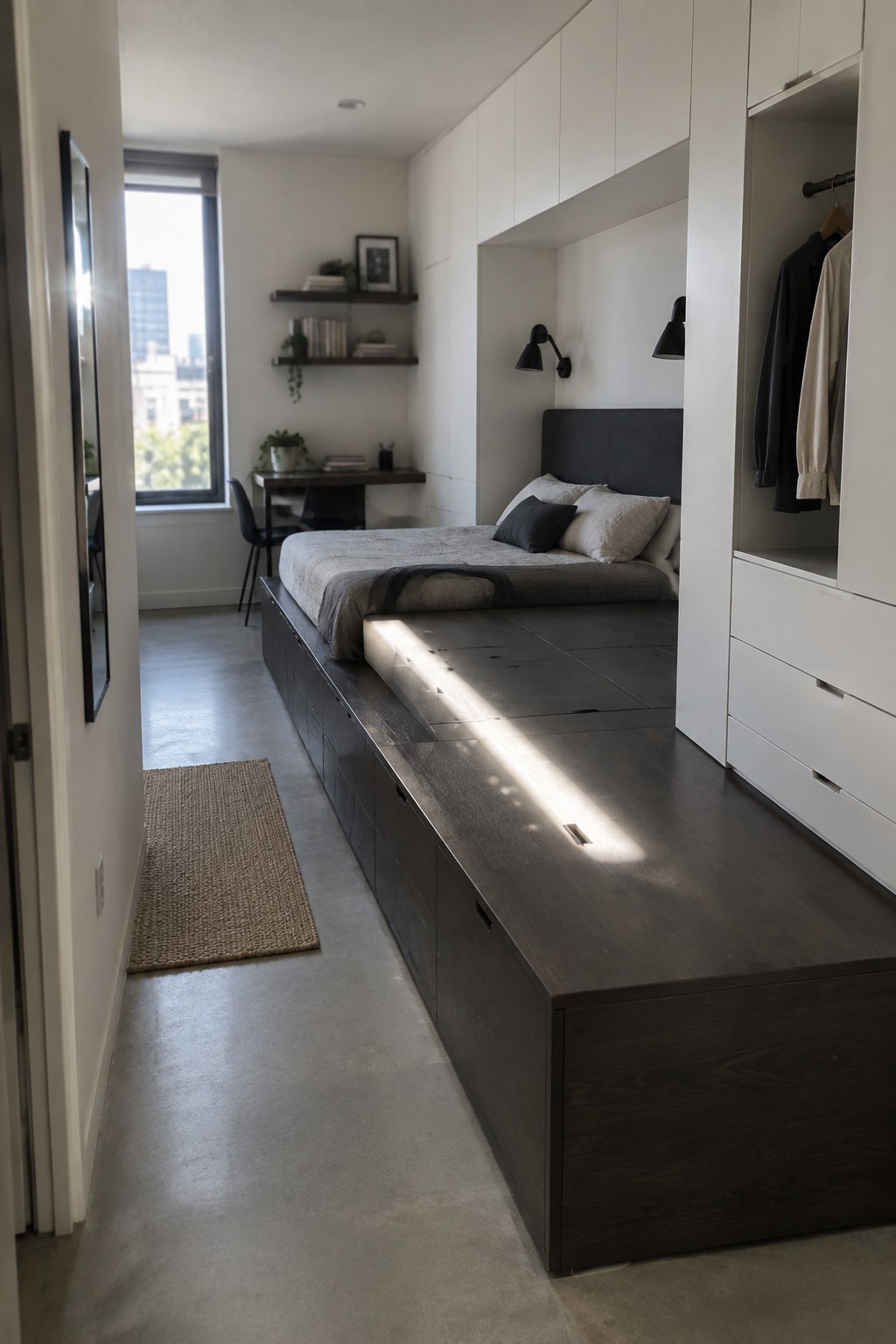 A modern bedroom with a dark platform bed that has built-in storage drawers, white wall cabinetry on the right, and a large window on the left.