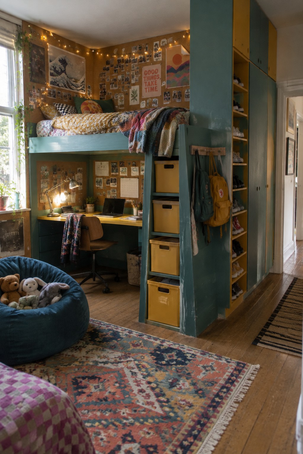 Cozy loft bedroom with teal bed, yellow bins, desk, beanbag chair, string lights, and patterned rug.