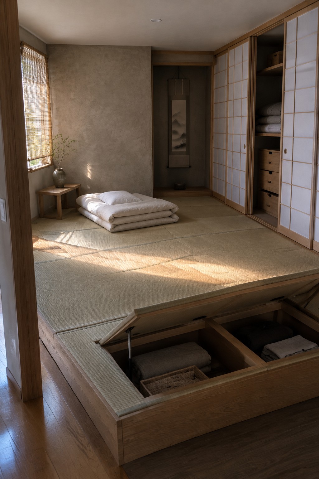 A minimalist bedroom with a raised wooden platform bed on tatami mats, several storage compartments open beneath the platform.