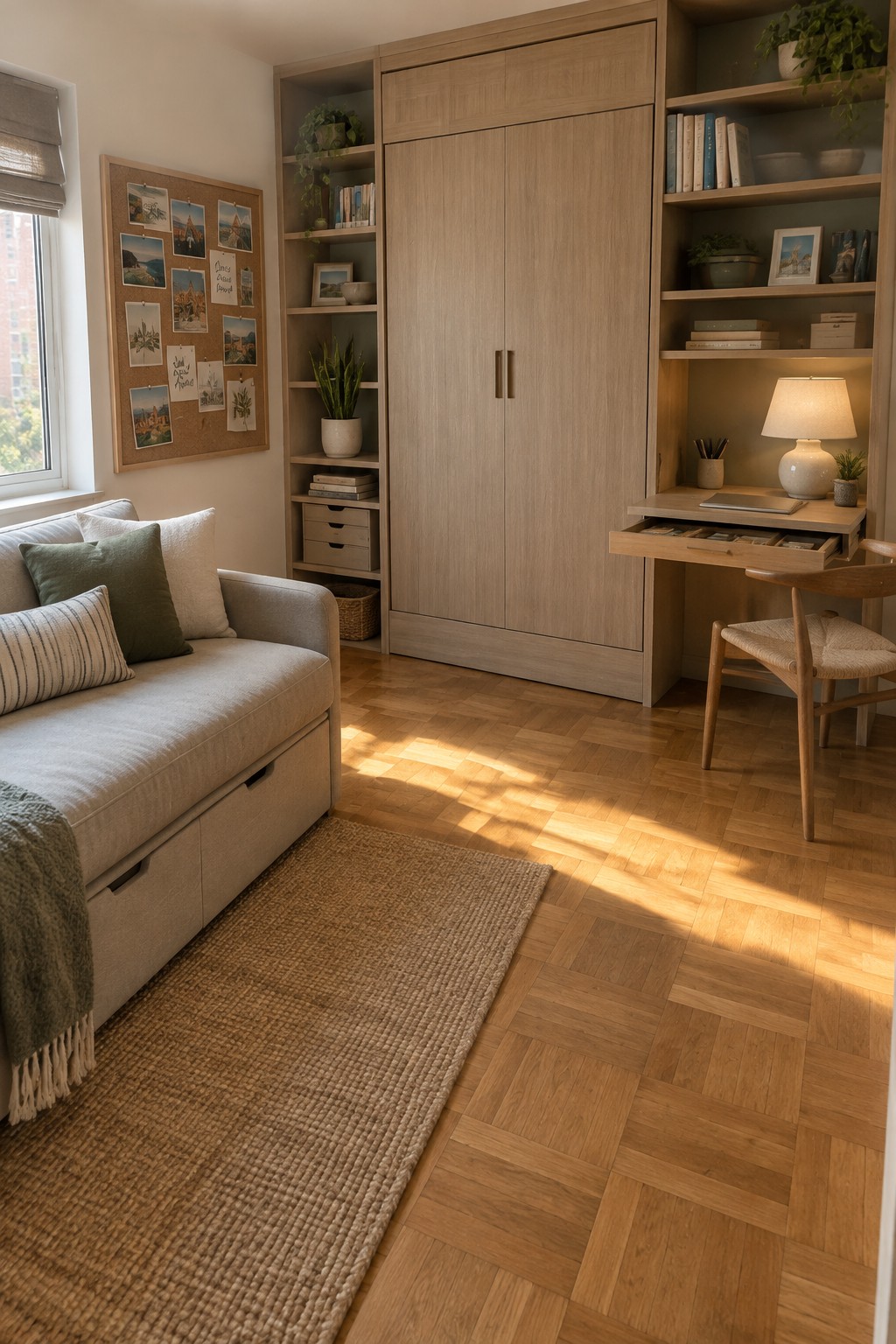 A bedroom interior with a light gray daybed that has under-bed storage drawers, a large built-in light wood wardrobe, open shelving units on both sides, and a small desk area with a chair.