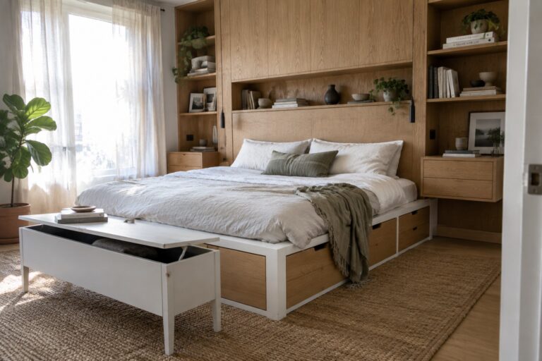 18 Creative Bedroom Storage Ideas Using Under-Bed and Built-In Solutions A bedroom featuring a platform bed with under-bed storage drawers, light wood built-in wall cabinets and open shelves above the headboard, and a storage bench at the foot of the bed.