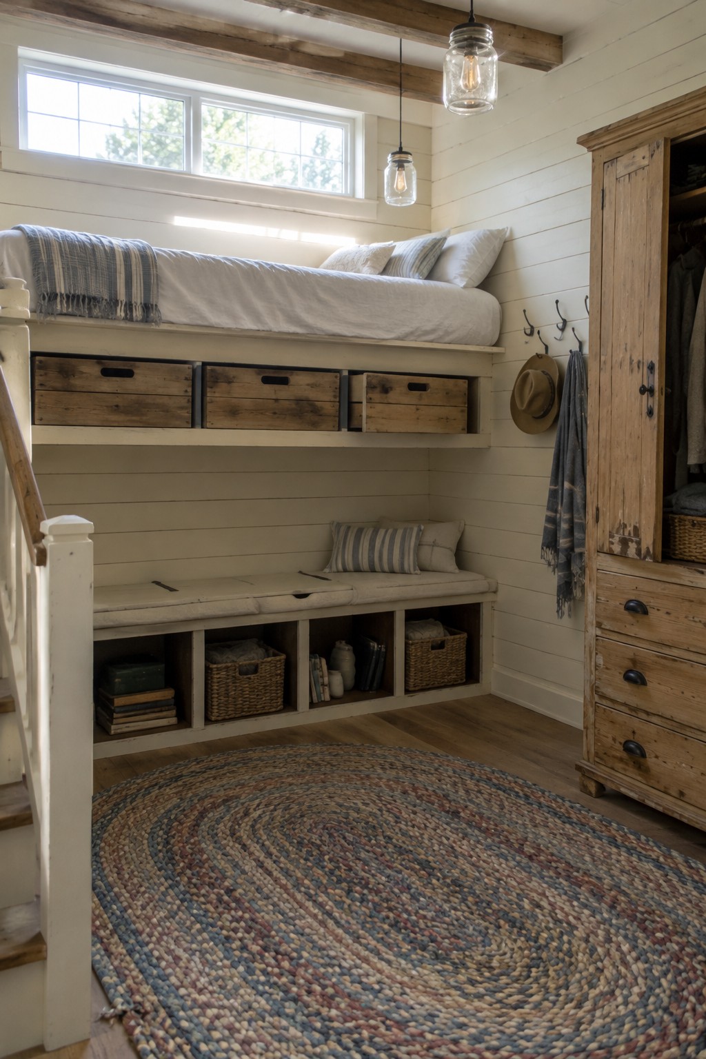 A white loft bed with wooden storage drawers underneath, open cubbies below a cushioned bench, a round braided rug, and a wooden wardrobe against the wall.
