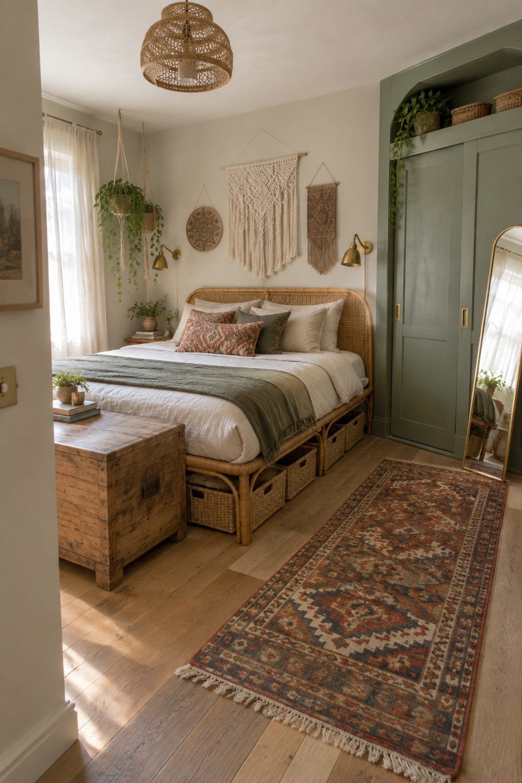 A bedroom featuring a rattan bed with white linens, multiple woven baskets stored underneath, a large green built-in wardrobe, and a patterned rug on wood flooring.
