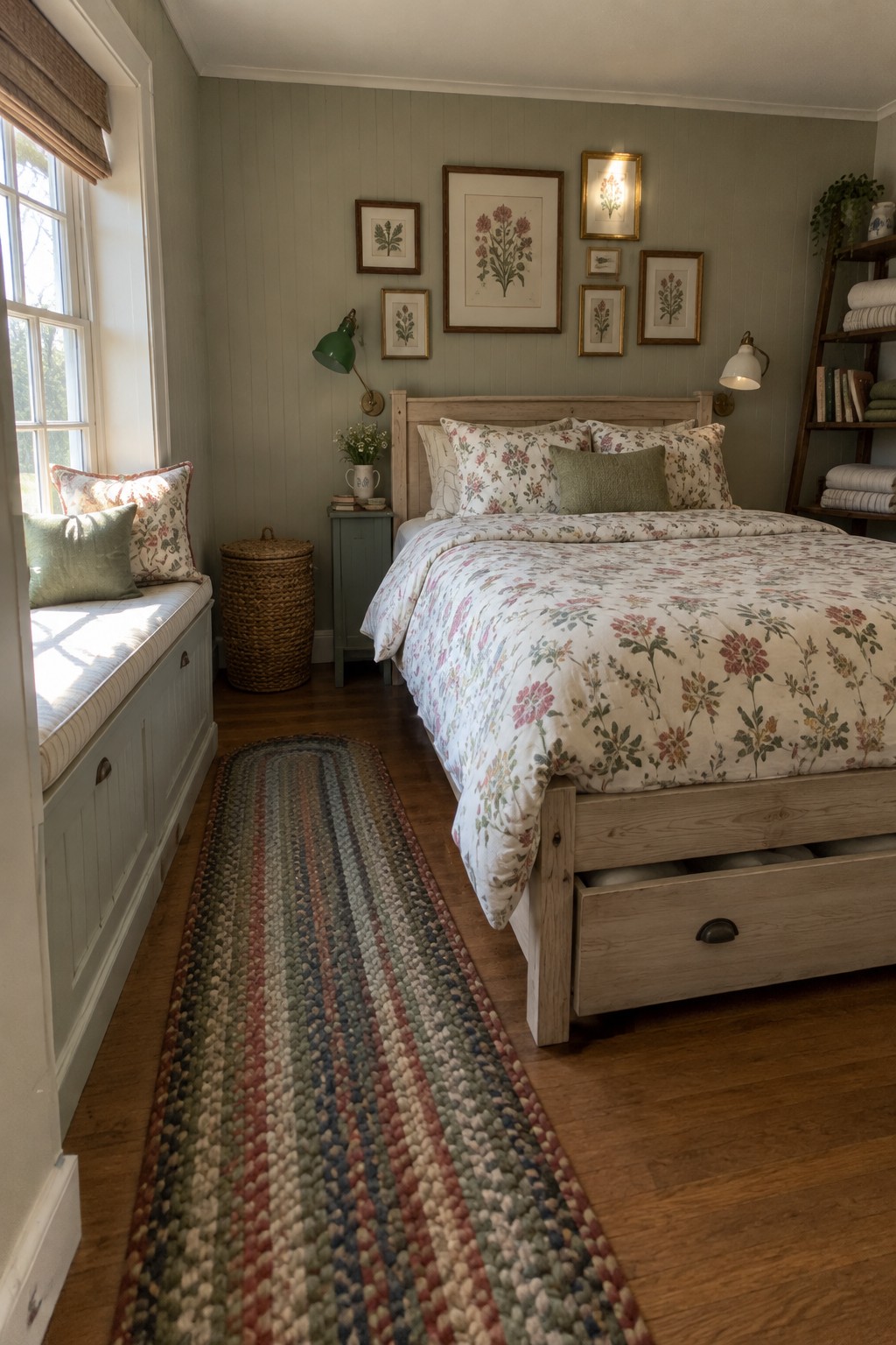 A bedroom with a light wood bed frame that has open under-bed storage drawers, floral bedding, a window seat with cushions, and a striped runner on hardwood flooring.