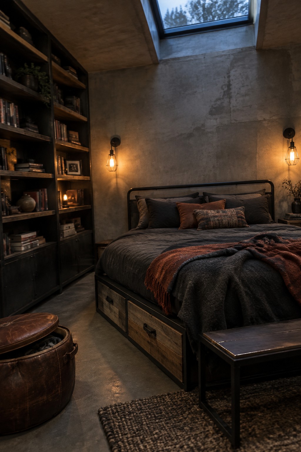 A bedroom interior showing a bed with wooden storage drawers built into the base, a tall dark bookshelf on the left, and warm wall sconces on concrete walls.