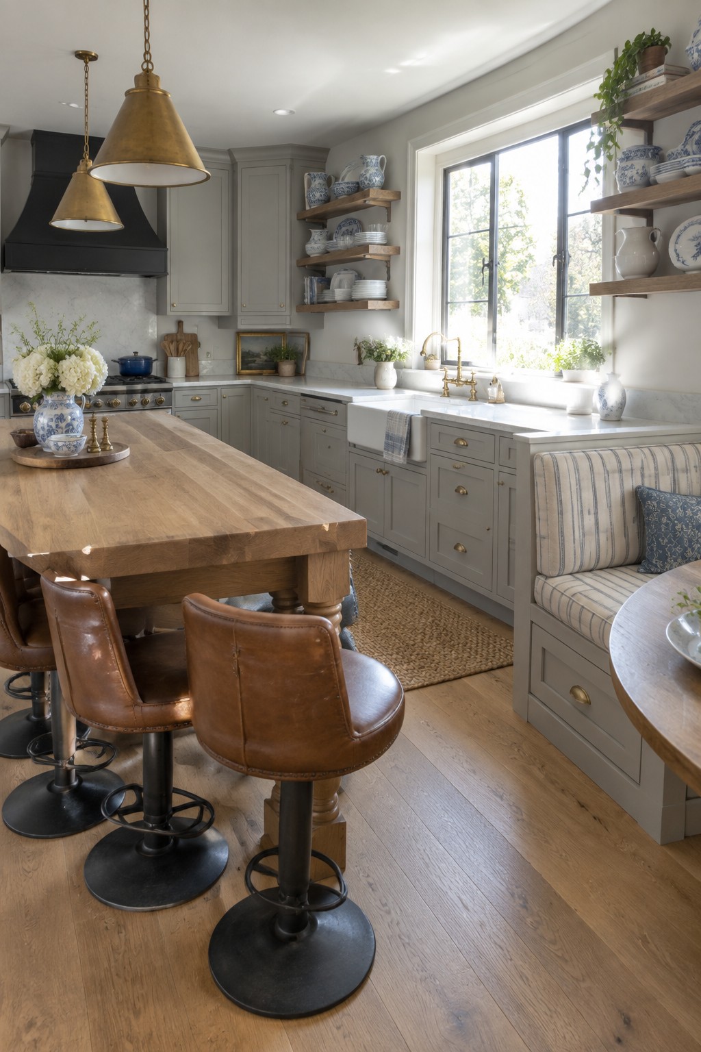 Rustic kitchen with wooden island, leather barstools, gray cabinets, and window bench.