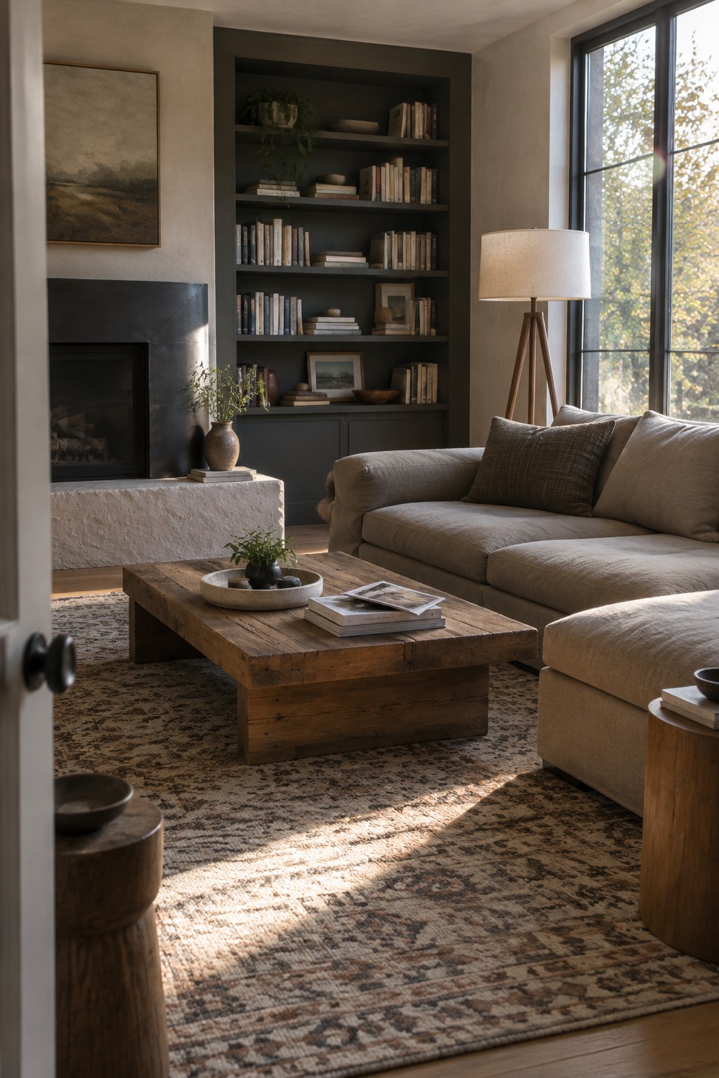 A living room interior showing a large built-in dark bookshelf unit filled with books, a beige sectional sofa, a rustic wooden coffee table on a patterned rug, and a stone fireplace.
