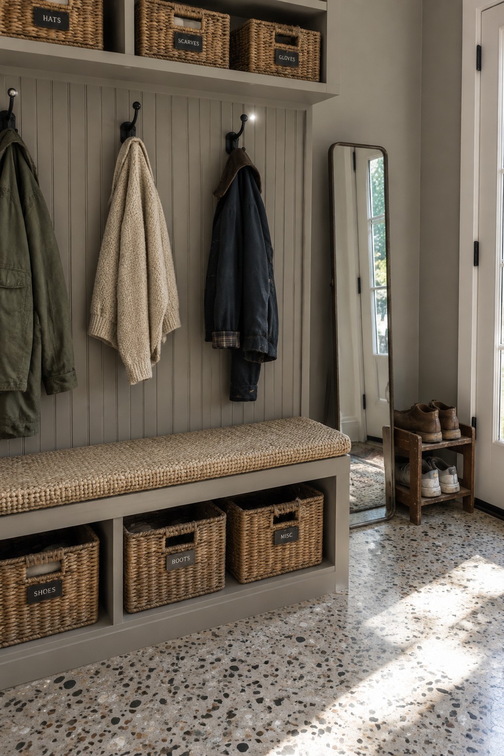 Gray entryway bench with hanging coats, labeled wicker baskets, mirror, and shoe storage.