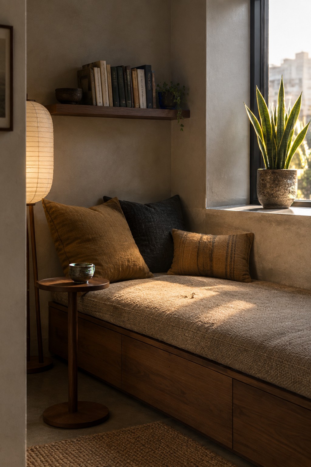 Cozy sunlit nook with wooden bench, brown cushions, paper lantern, and snake plant