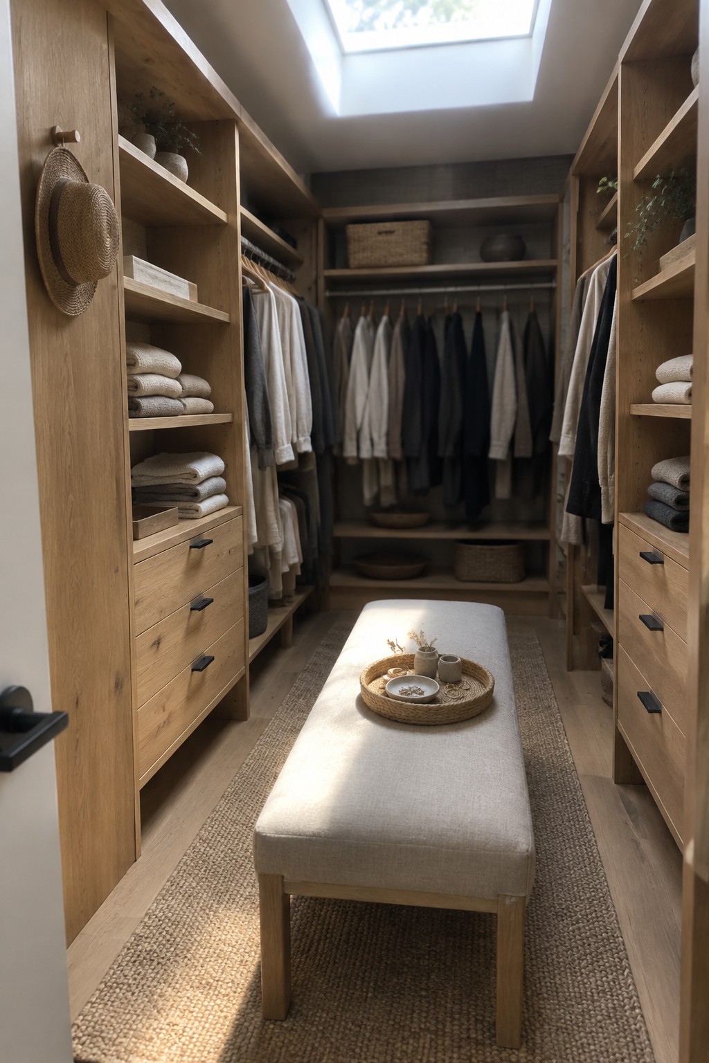 A narrow walk-in closet with light wood built-in shelves, drawers, and hanging rods on both sides, a central upholstered bench with a woven tray, and a skylight overhead.