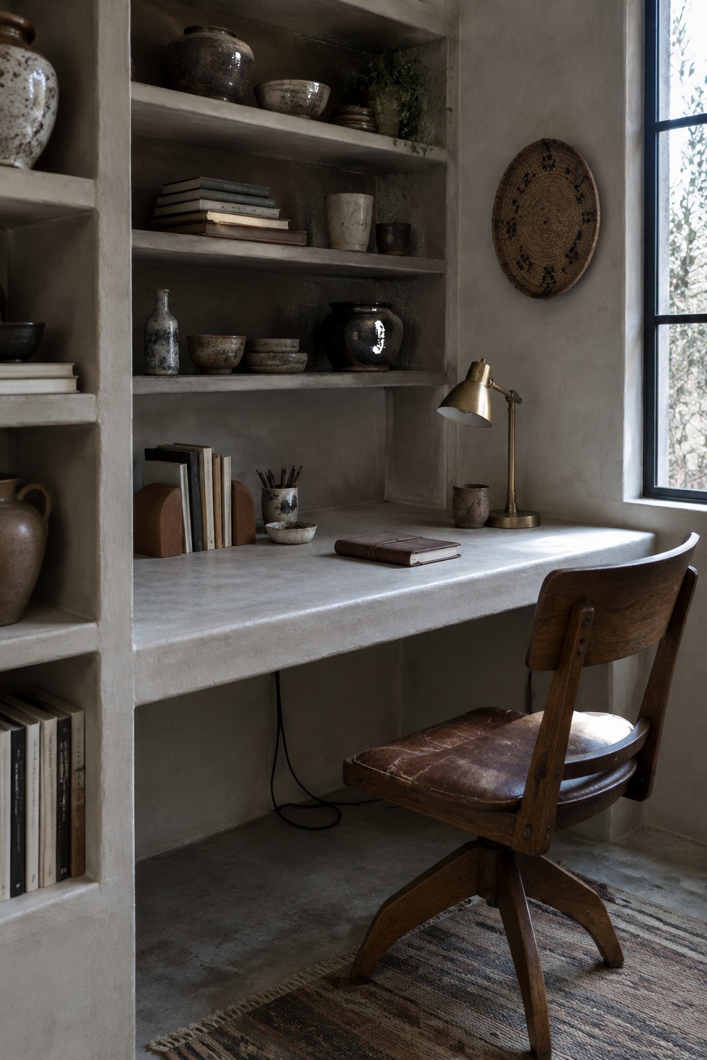 A wooden swivel chair faces a built-in concrete desk with open shelves above it holding books, pottery, and a brass lamp, next to a window.