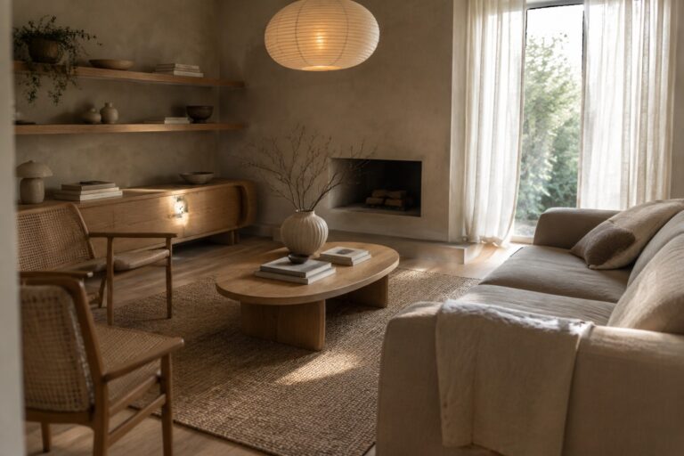 18 Creative Interior Design Styles Featuring Japandi, Wabi Sabi, and Modern Traditions A living room with low wooden furniture, woven cane chairs, floating shelves on a textured wall, and a large paper lantern overhead, all in neutral tones.