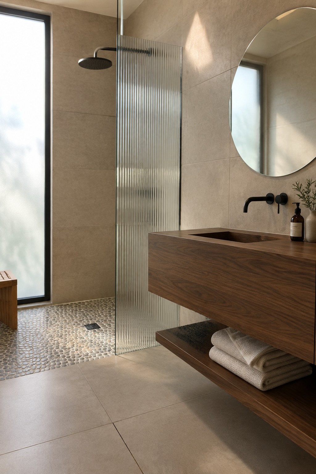 Modern bathroom with floating wood vanity, round mirror, and fluted glass shower.