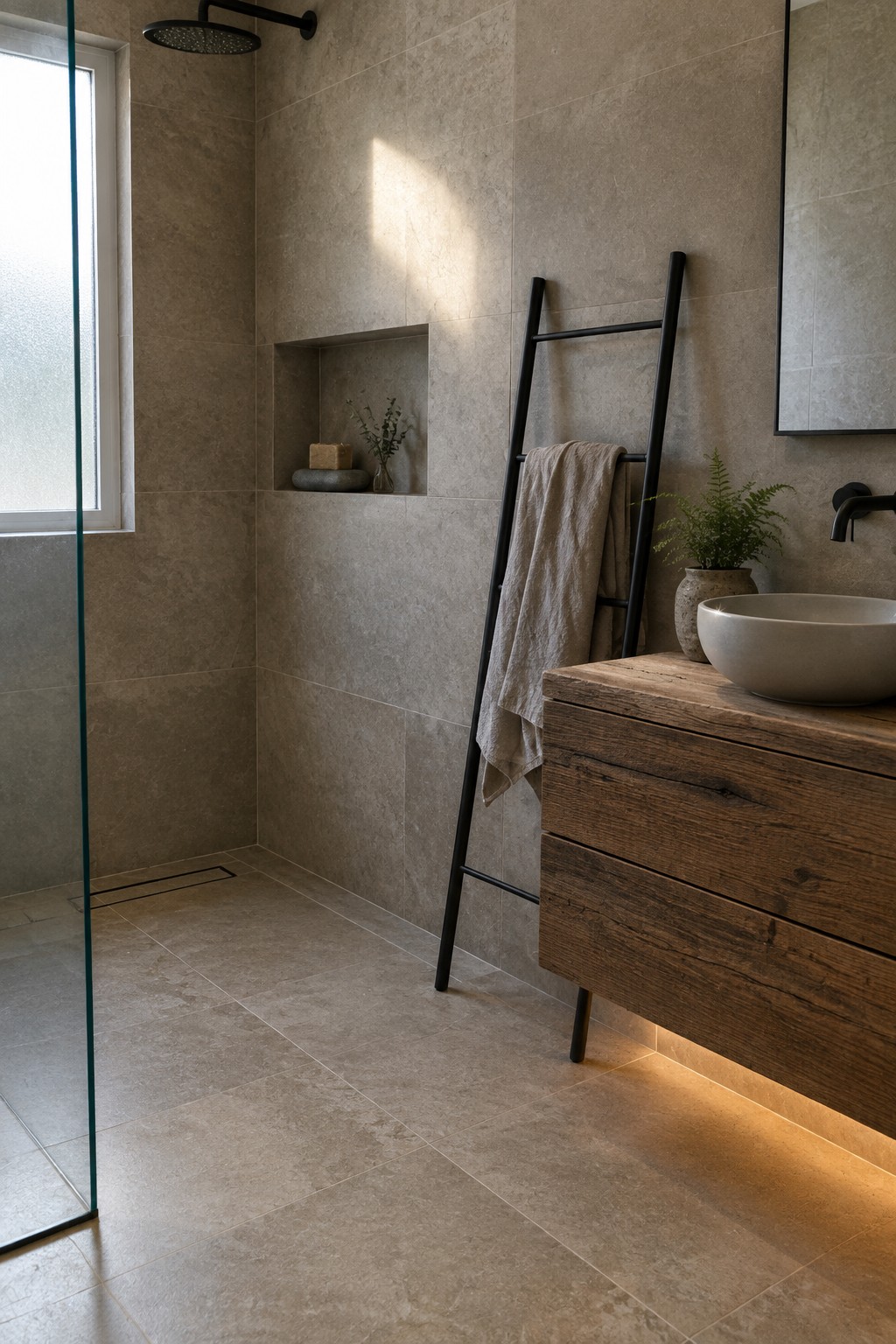 Modern beige-tiled bathroom with wooden vanity, vessel sink, black ladder, and shower.