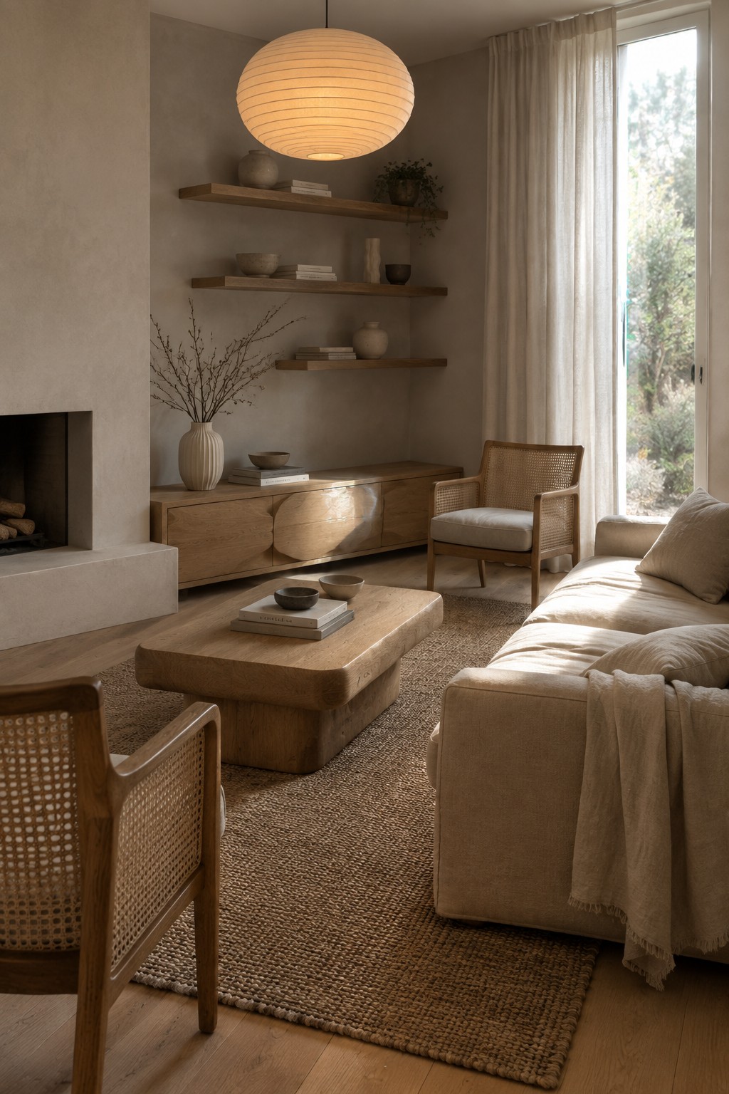 A living room with low wooden furniture, woven cane chairs, floating shelves on a textured wall, and a large paper lantern overhead, all in neutral tones.