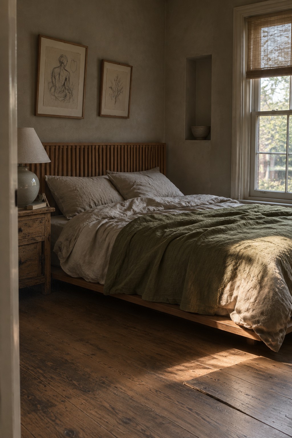 A bedroom featuring a low wooden platform bed with a vertical slat headboard, rumpled beige and olive linen bedding, a wooden nightstand with a lamp, two framed sketches on the wall, and a window with woven blinds.