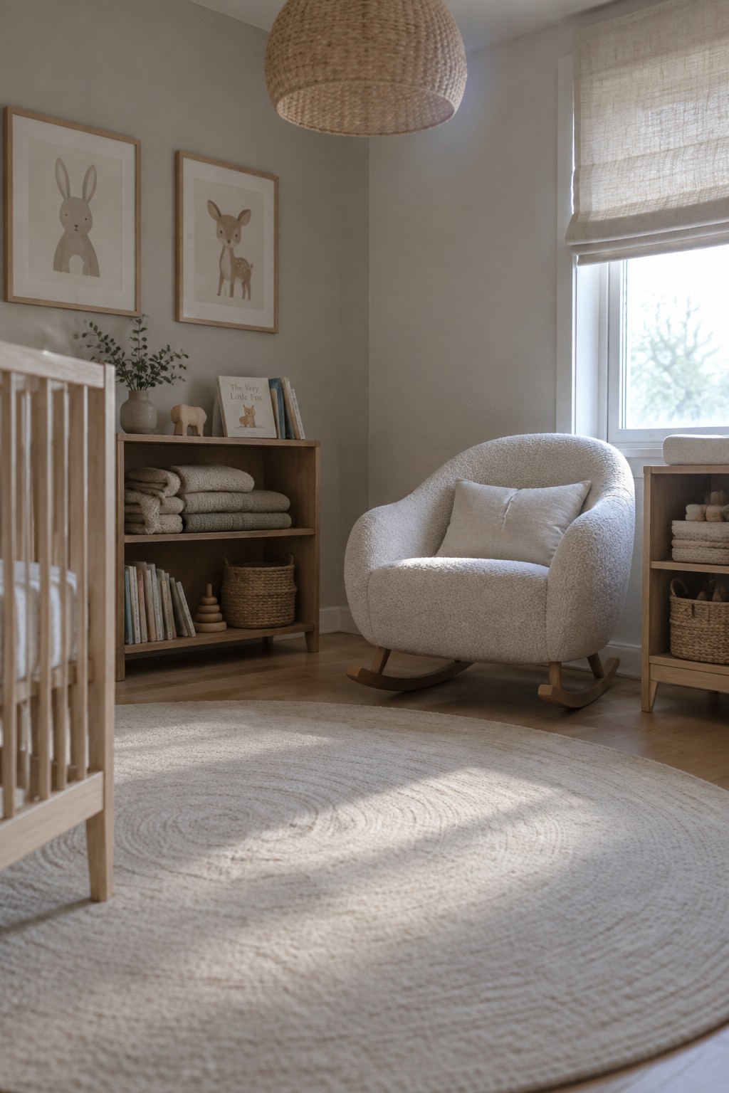 A nursery interior with a light wood crib, open wooden shelving unit holding folded blankets and books, a white boucle rocking chair with a pillow, framed animal prints on the wall, a woven basket, and a large round textured rug on wood flooring.