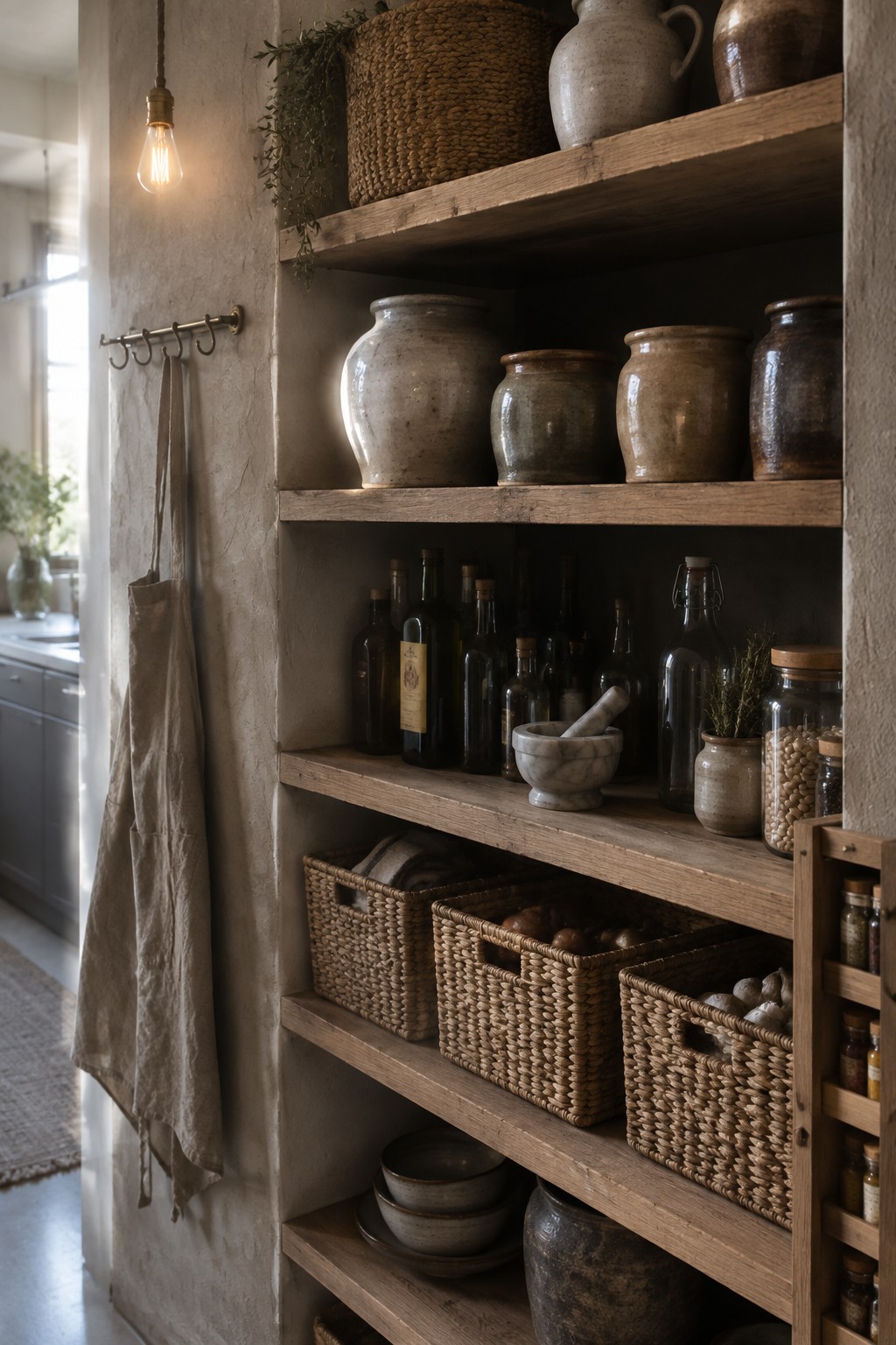 Wooden open shelves in a rustic interior hold ceramic vases, glass bottles, woven baskets, a marble mortar, and various jars.