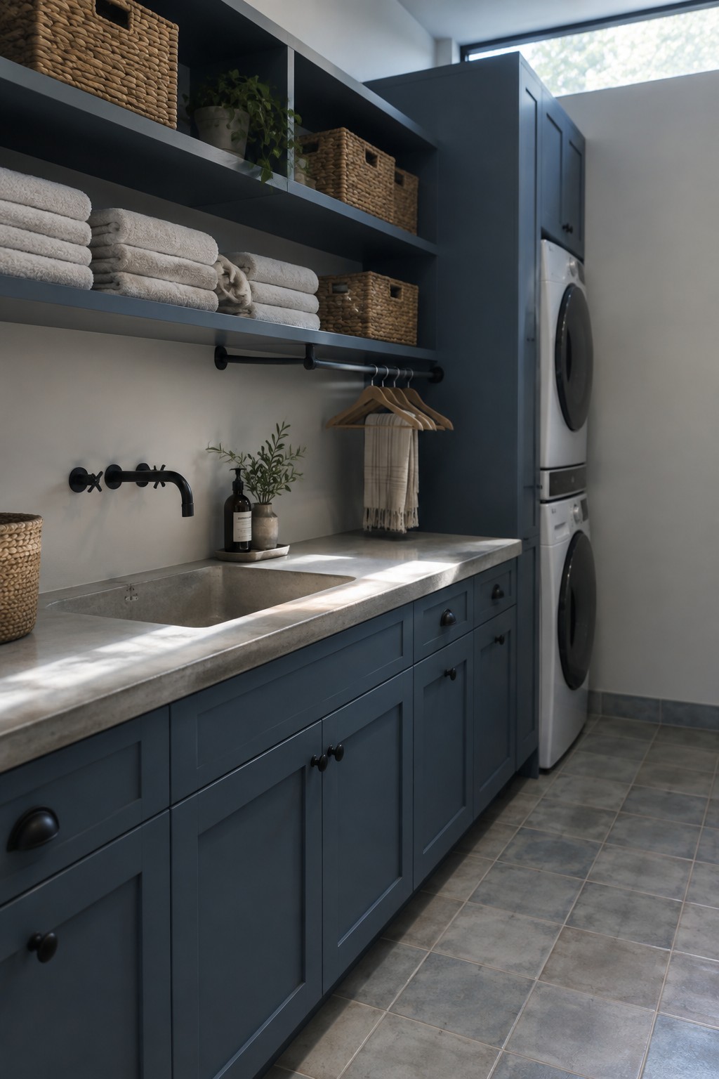 A laundry room featuring dark blue cabinets, a long concrete countertop with an integrated sink, open shelves holding stacked white towels and woven baskets, and a stacked white washer-dryer unit along the right wall.