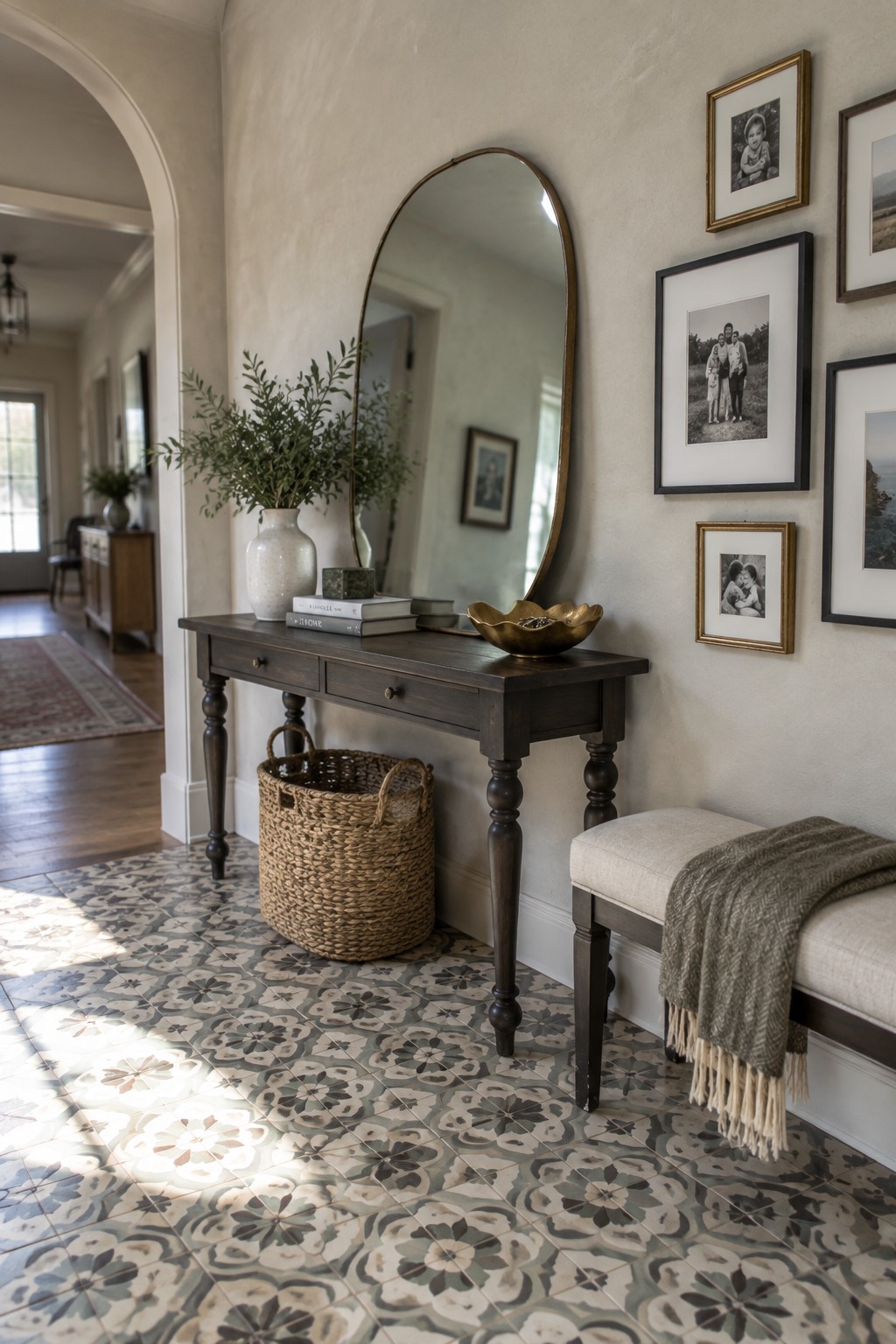 A narrow entryway with a dark wood console table beneath an oval mirror, a woven basket underneath, a cushioned bench to the right, and a gallery wall of framed photos above patterned cement tile flooring.