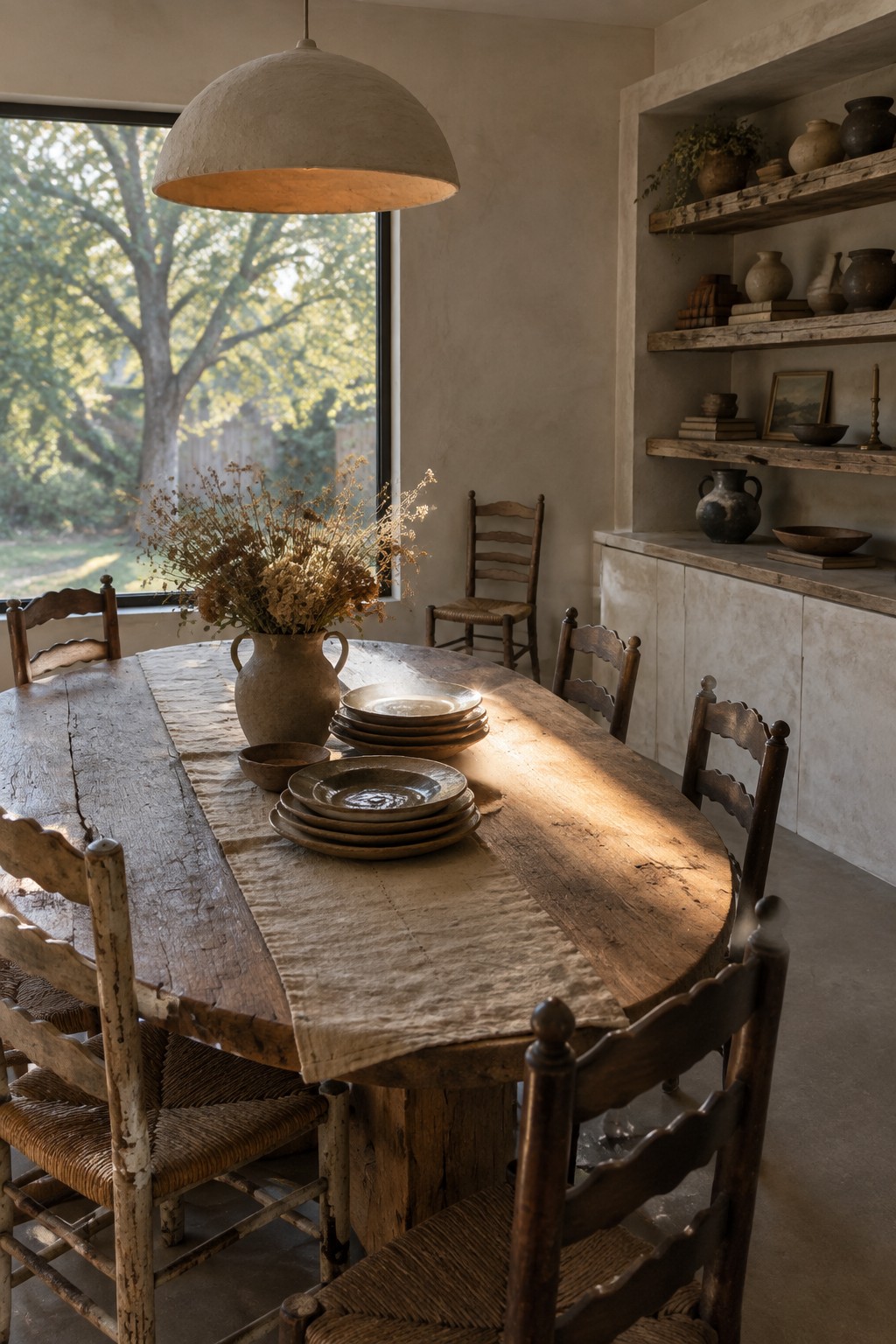 A large rustic wooden dining table with a linen runner holds stacked ceramic plates and a clay vase of dried flowers, surrounded by wooden chairs with woven seats in a room with wall shelves and a window.