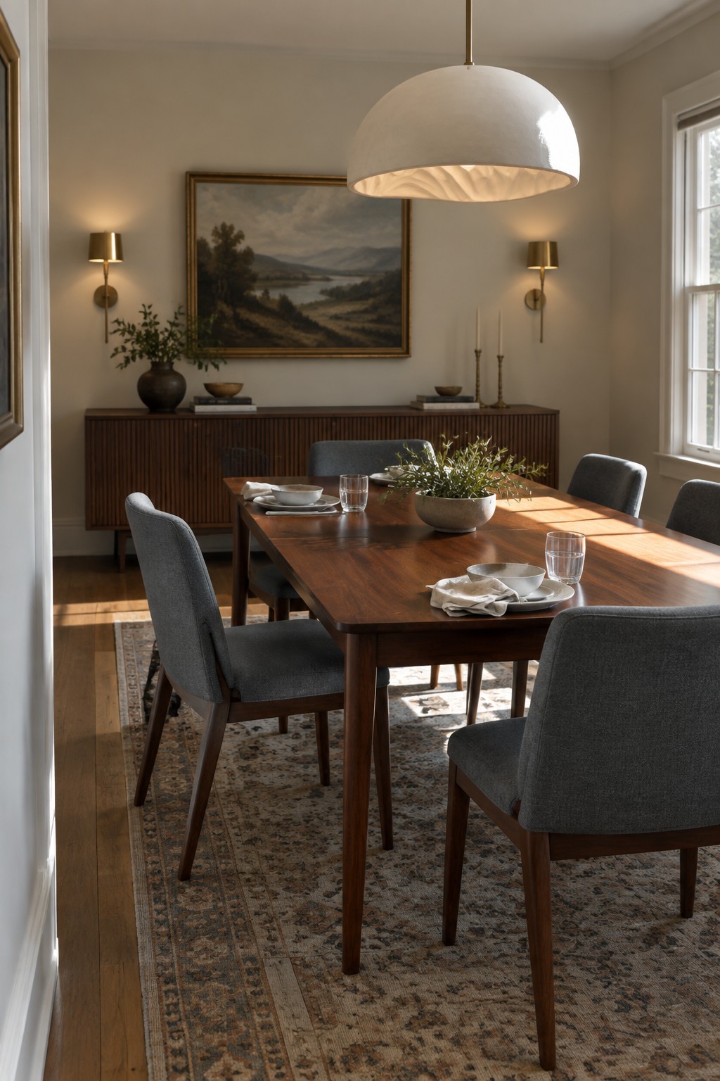 A long wooden dining table with gray upholstered chairs sits on a large patterned area rug in a room with a wooden sideboard, landscape painting, and white pendant light.
